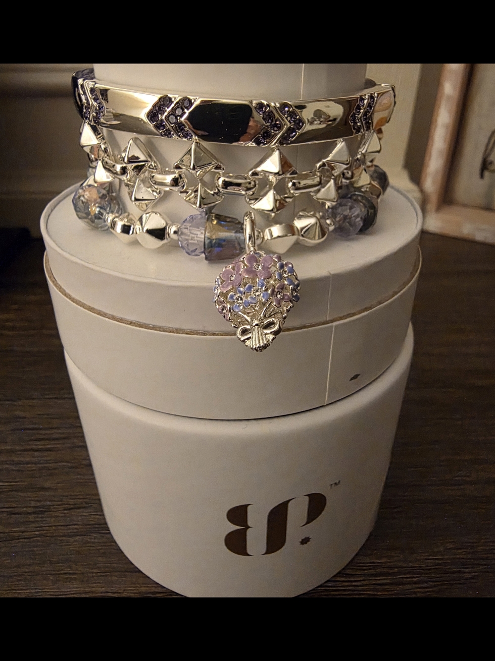 BP Silver-Tone Stackable Bracelet Set with Pink Crystal Charm
